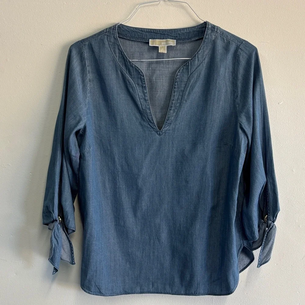 Michael Kors Chambray Boho Blouse 3/4 Tie Sleeve Large Split V-Neck Pull-On Blue